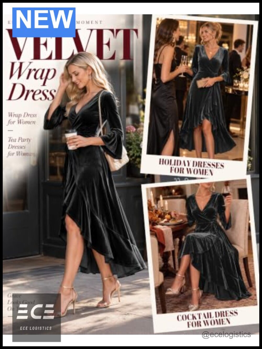 Women's Velvet Wrap Dress Deep V Neck Bell Sleeve Cocktail Wedding Guest - Picture 2 of 4